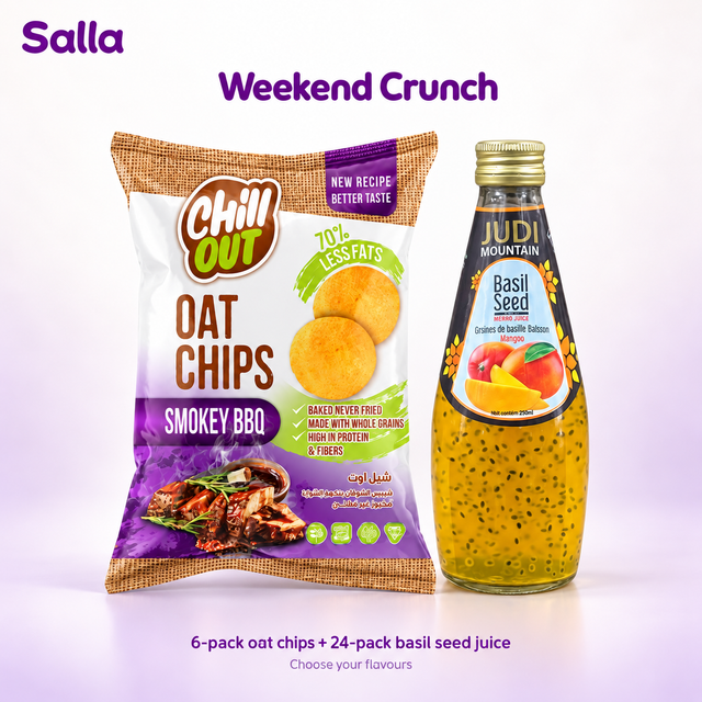 Weekend Crunch bundle — 6-pack oat chips and 24-pack basil seed juice