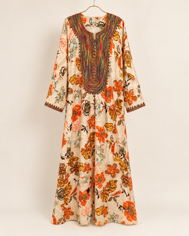 Yara Ivory & Orange Floral with Multicolour Neckline Abaya — studio product image