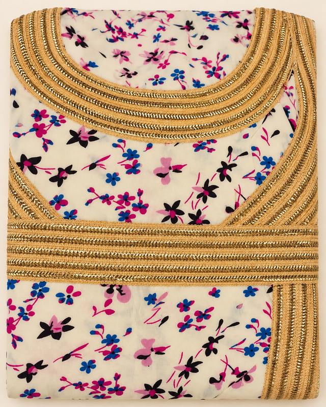 Yara Ivory Butterfly Print with Gold Trim Abaya — studio product image