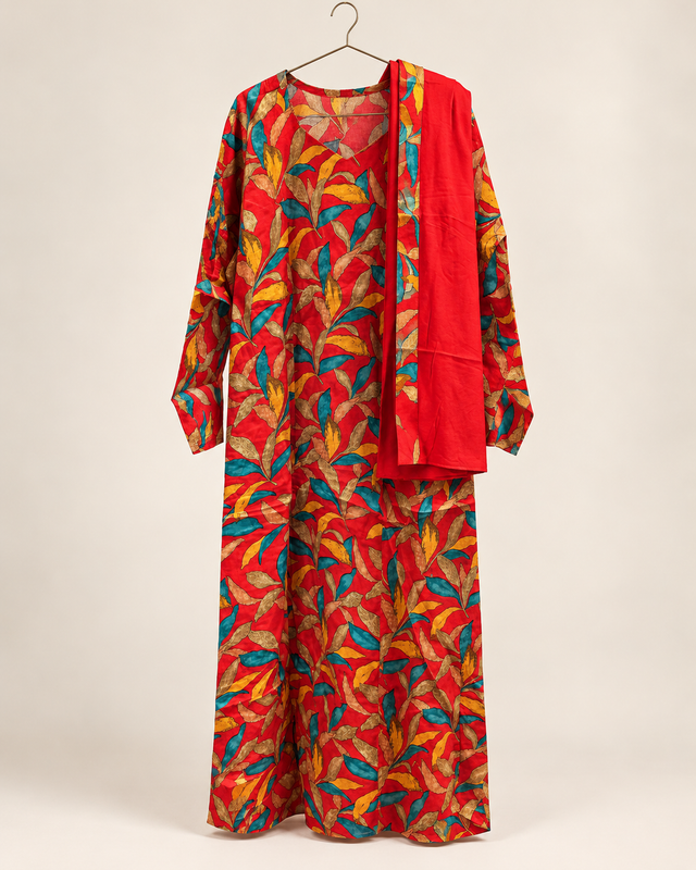 Yara Red Tropical Leaf Abaya — studio product image