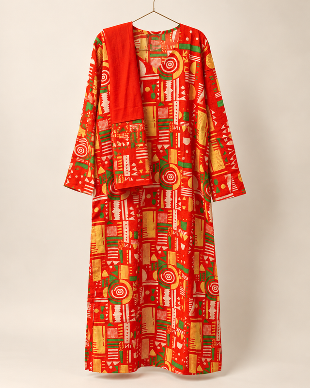 Yara Red Geometric Abaya — studio product image