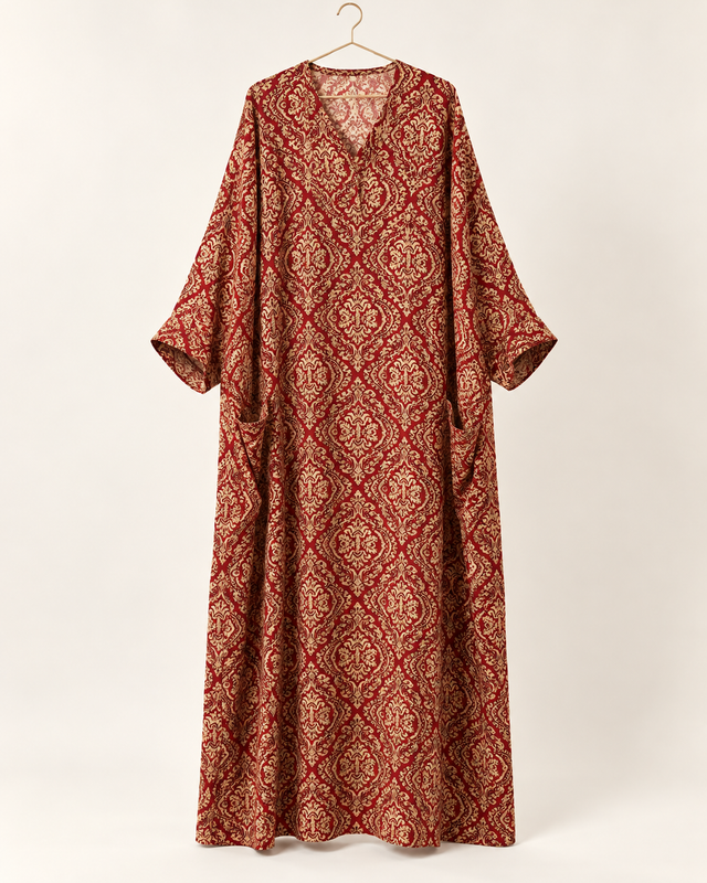 Yara Burgundy & Cream Ornamental Abaya — studio product image
