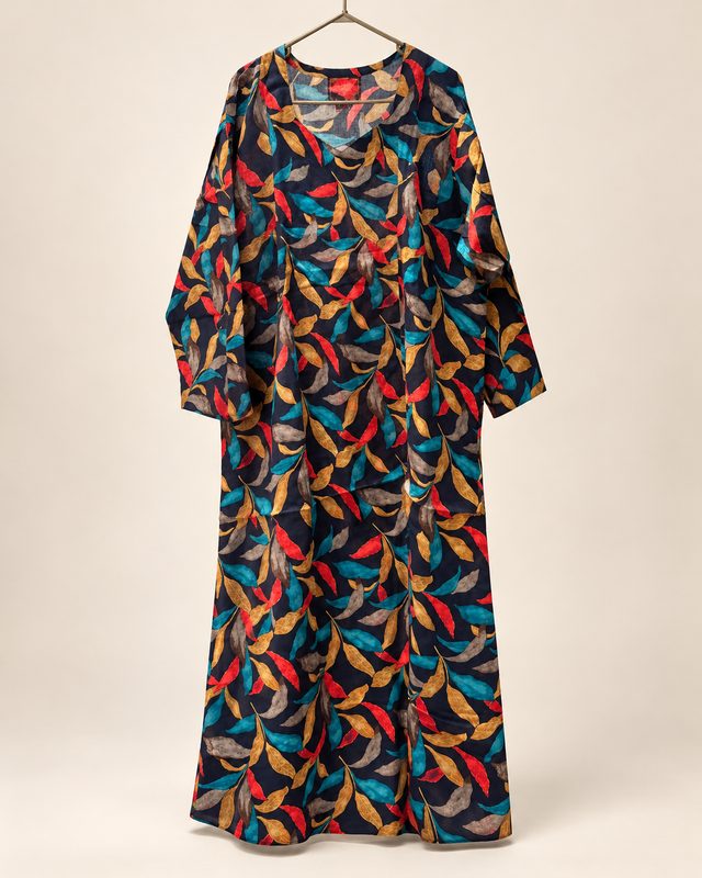 Yara Navy Multicolour Leaf Abaya — studio product image