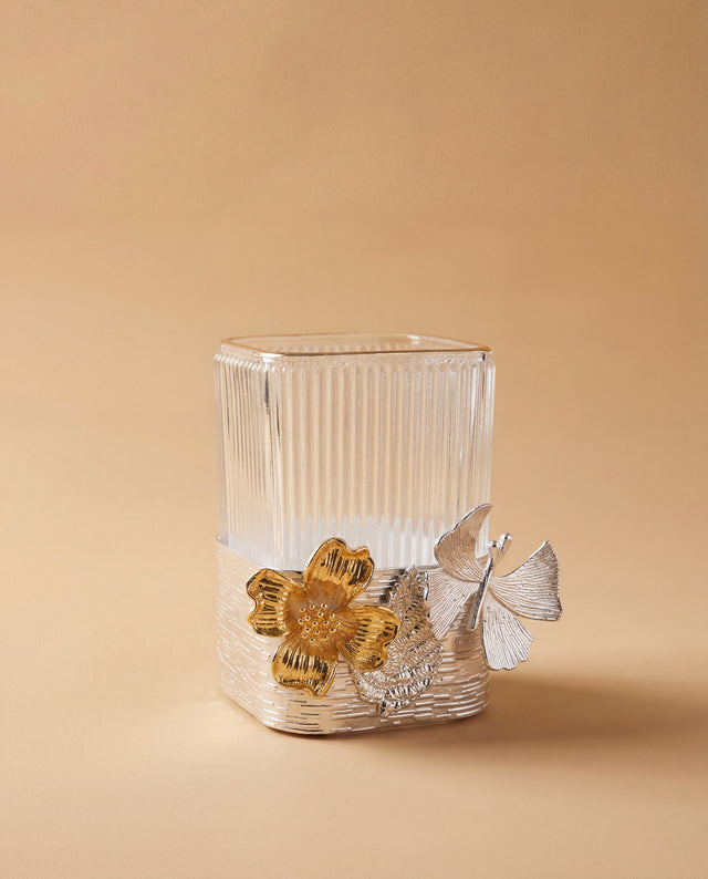 Floral Accent Espresso Cup — Gold & Silver Detail