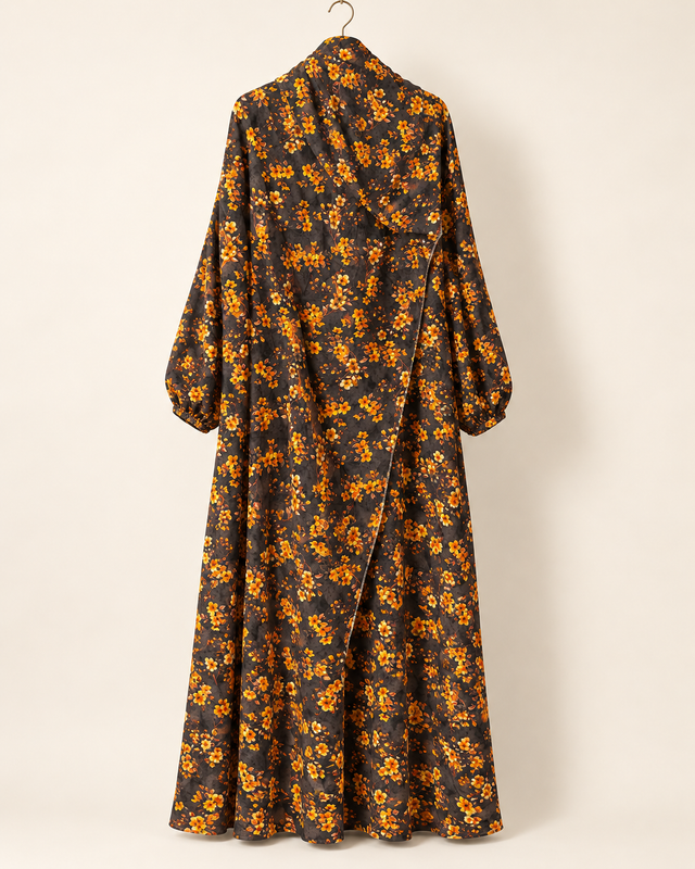 Yara Charcoal & Amber Floral Abaya — studio hero image
