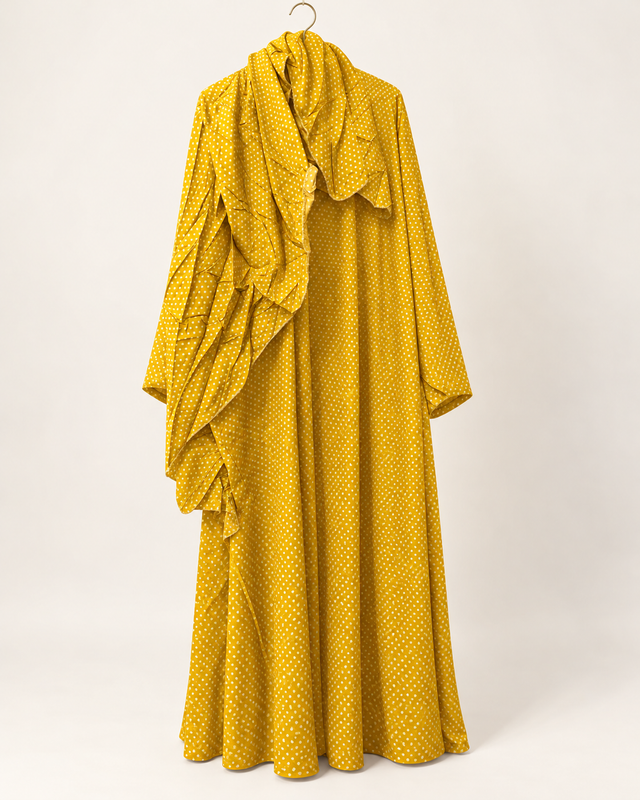 Yara Mustard Polka Dot Abaya — studio product image