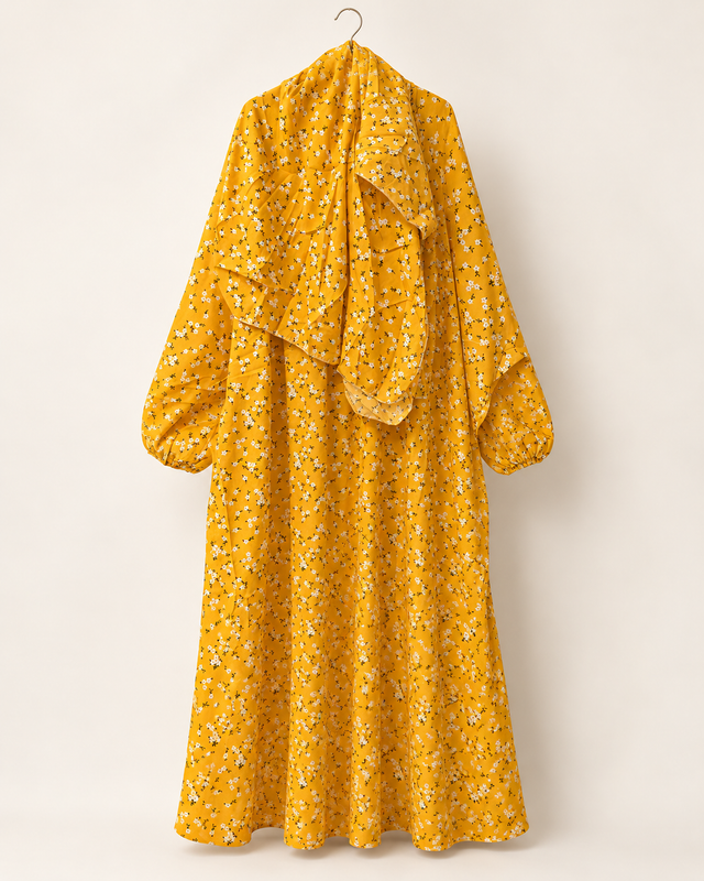 Yara Golden Yellow Ditsy Floral Abaya — studio product image