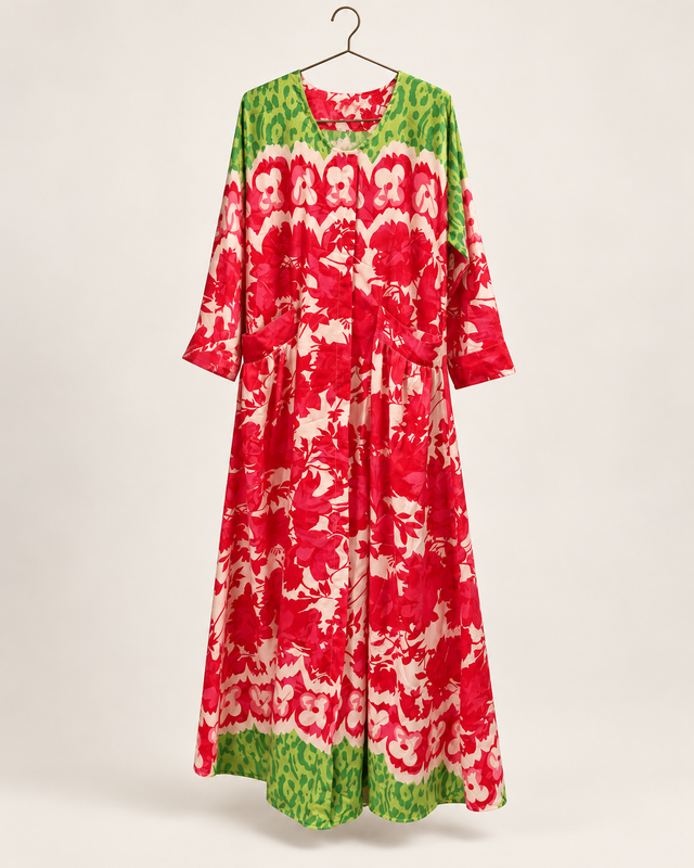 Yara Red Rose & Green Border Abaya — studio product image