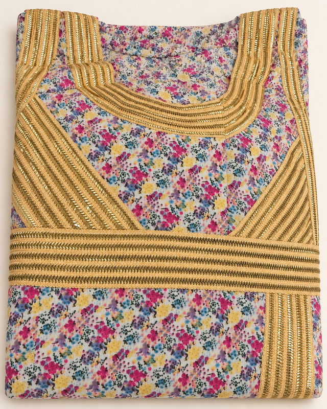 Yara Pastel Floral with Gold Trim Abaya — studio product image