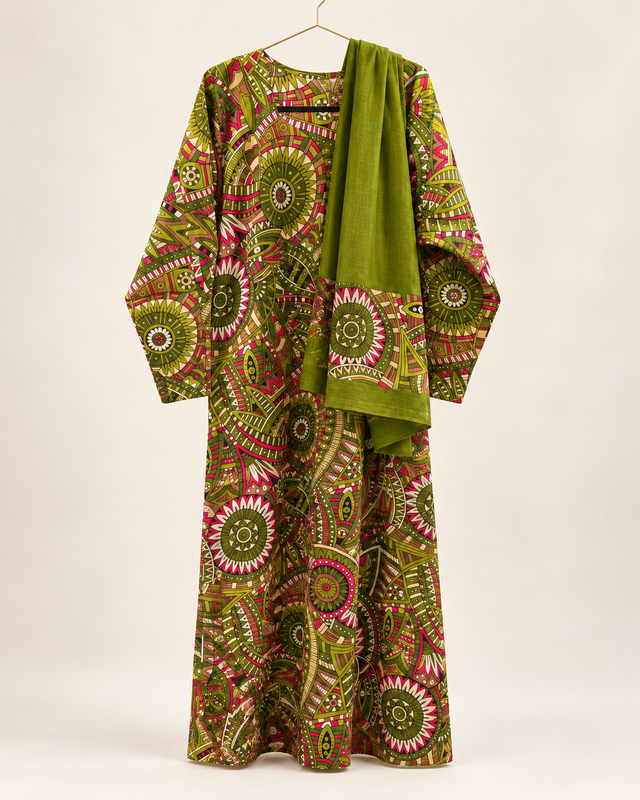 Yara Olive & Magenta Geometric Abaya — studio product image
