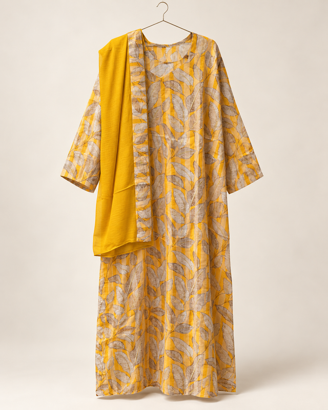 Yara Yellow & Grey Leaf Abaya — studio product image