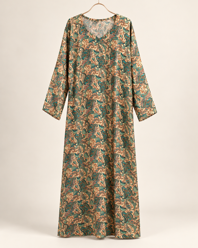 Yara Teal & Cream Paisley Abaya — studio product image