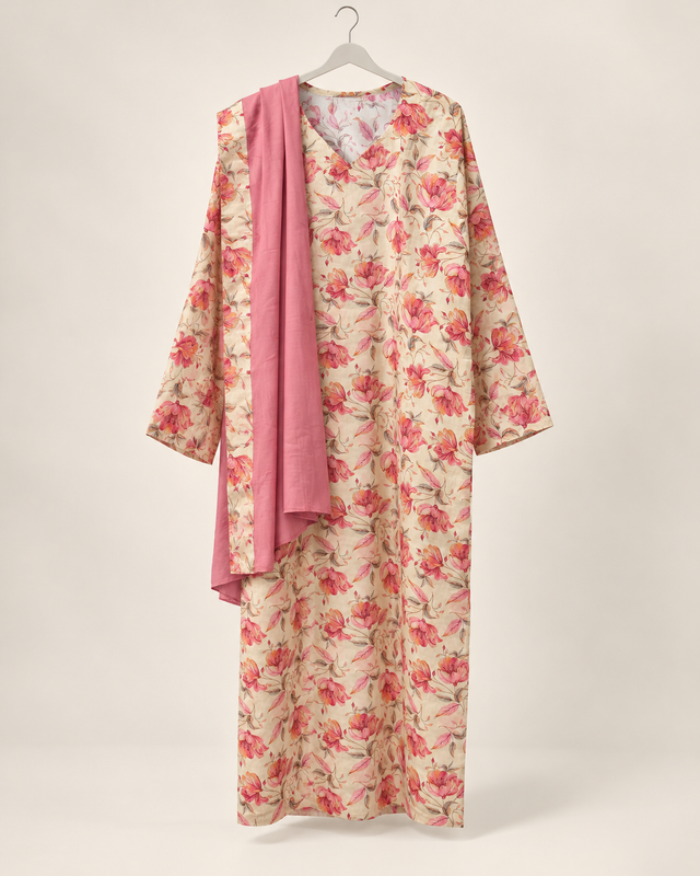 Yara Ivory & Pink Floral Abaya — studio product image